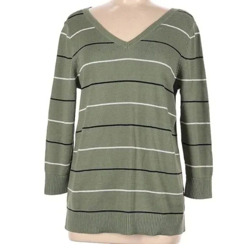 Talbots Striped Sweater Tunic V-neck Tie Back Long Sleeve XL